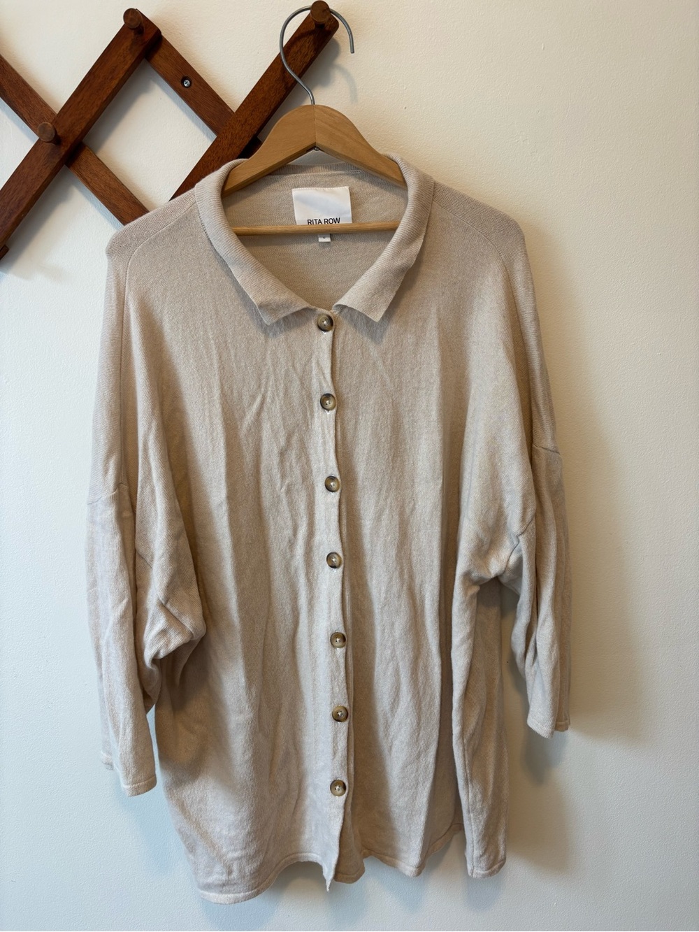 Rita Row Soft Beige Button-Down Polo Cardigan